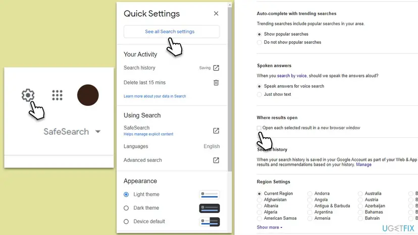 Google Search Quick Settings and the Where results open option with the box Open each selected result in a new browser window