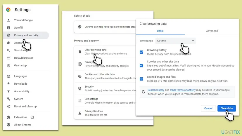 Google Chrome Settings showing Clear browsing data window with Clear data button highlighted