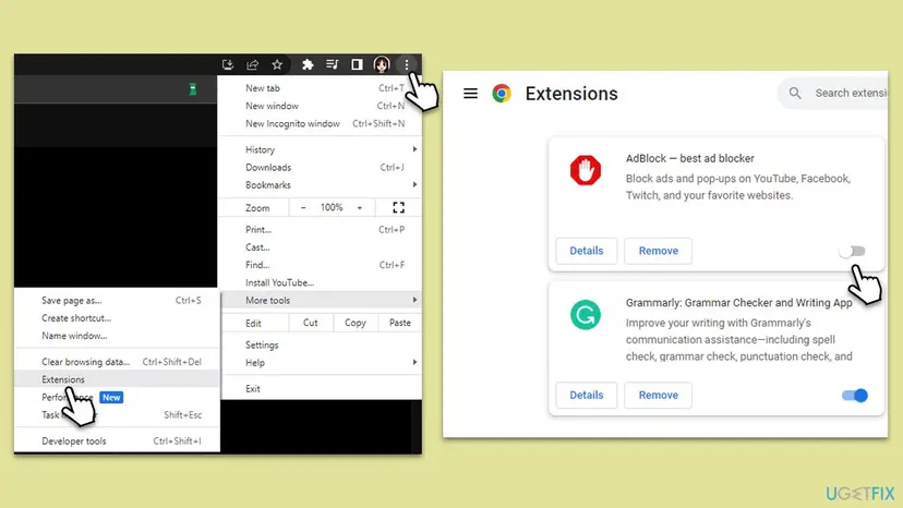 Chrome menu navigation to Extensions and the Extensions toggle switch interface