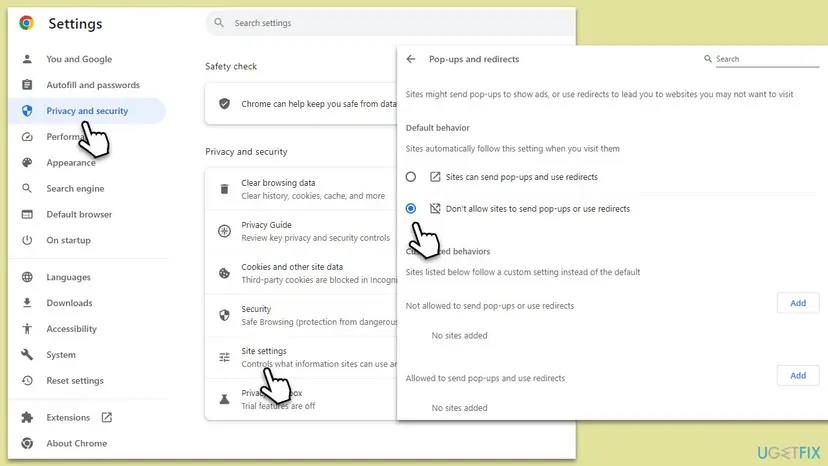 Google Chrome settings menu showing how to navigate to Pop-ups and redirects