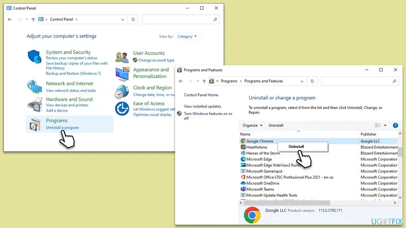 Control Panel window and Programs and Features window showing the option to uninstall Google Chrome