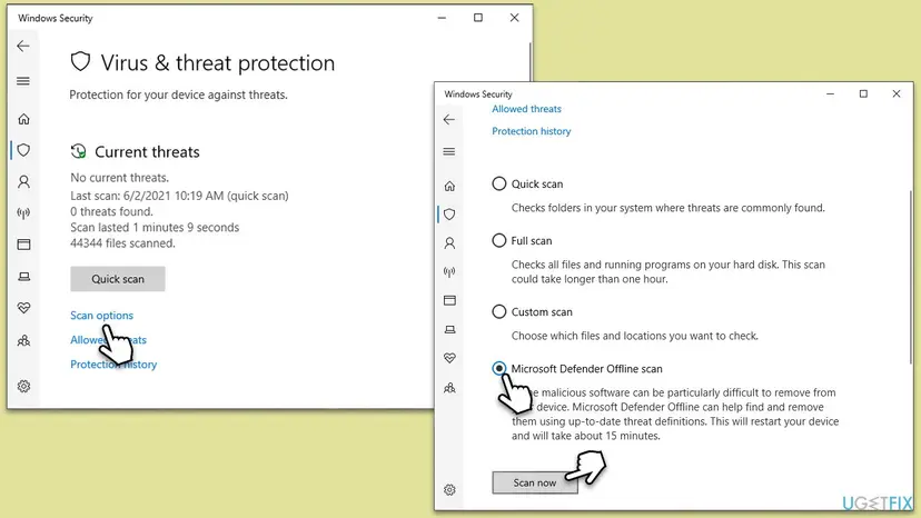 Windows Security settings showing scan options and Microsoft Defender Offline scan selected
