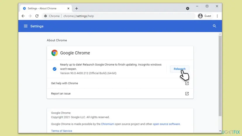 Google Chrome Settings About page showing a Relaunch button after updating