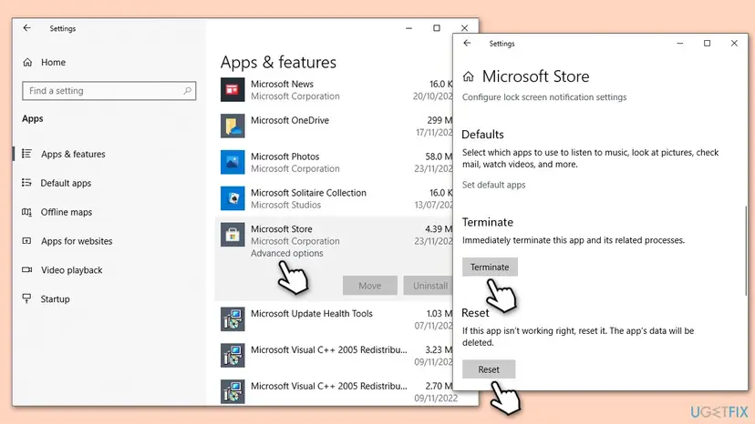 Windows 10 Apps and features with Advanced options for Microsoft Store open, showing the Terminate and Reset buttons