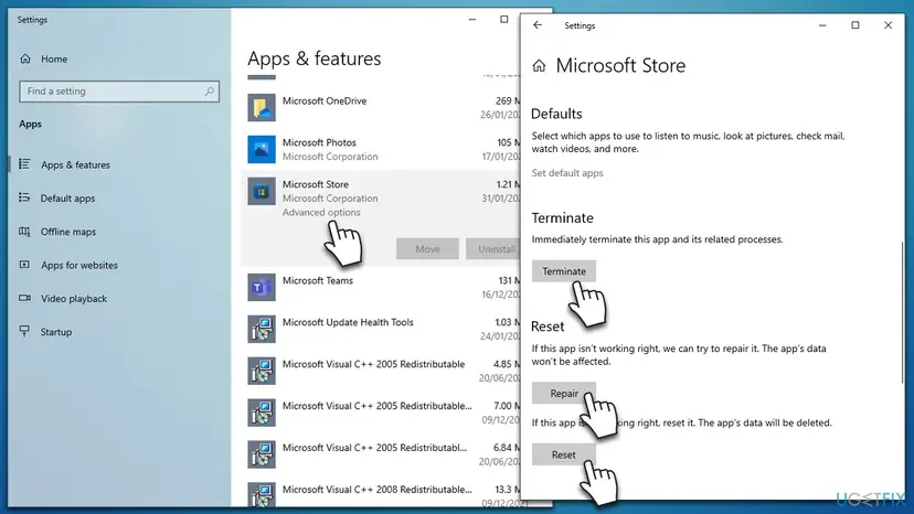 Windows 10 Settings, Apps and features with Microsoft Store Advanced options open and the Terminate, Repair and Reset buttons marked