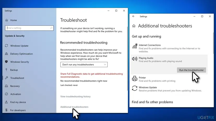 Windows 10 Settings with Troubleshoot, Additional troubleshooters and the Playing Audio entry with its Run the troubleshooter button