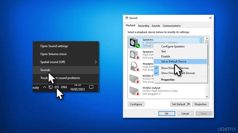 Sound window Playback tab with a SteelSeries Arctis 1 Wireless headset listed as Speakers and the right-click menu open on Set as Default Device