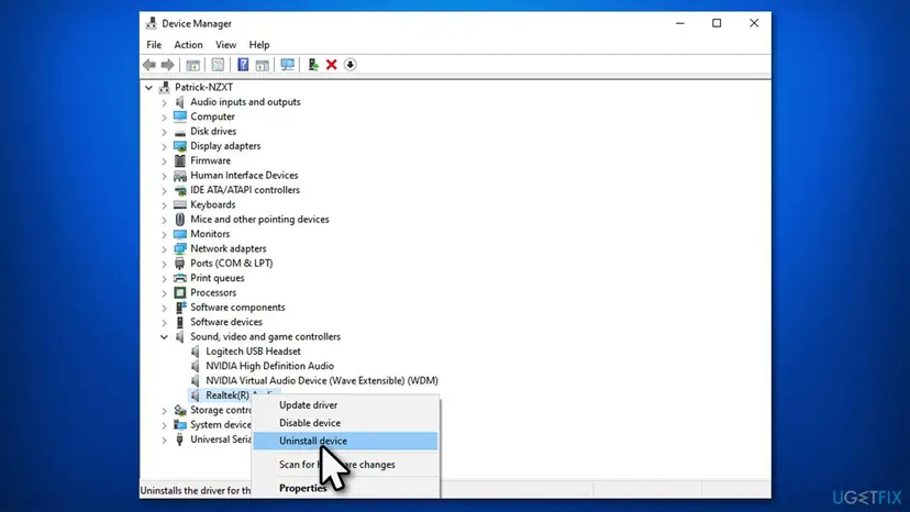 Device Manager with Sound, video and game controllers expanded and Uninstall device selected on the Realtek(R) Audio entry