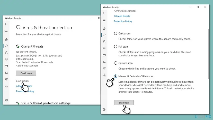 Windows Security Virus and threat protection page with Scan options open and Microsoft Defender Offline scan selected above the Scan now button