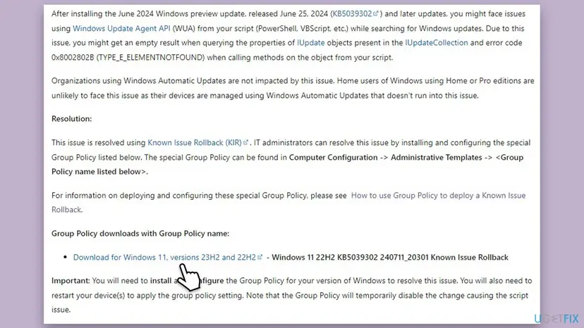 Microsoft known issue note about KB5039302: Windows Update Agent API scripts get error 0x8002802B TYPE_E_ELEMENTNOTFOUND, resolved with a Known Issue Rollback Group Policy for Windows 11 23H2 and 22H2