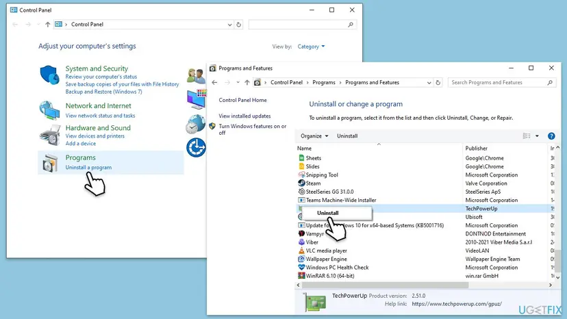 Control Panel Programs and Features window with Uninstall a program selected and the Uninstall button on a highlighted entry
