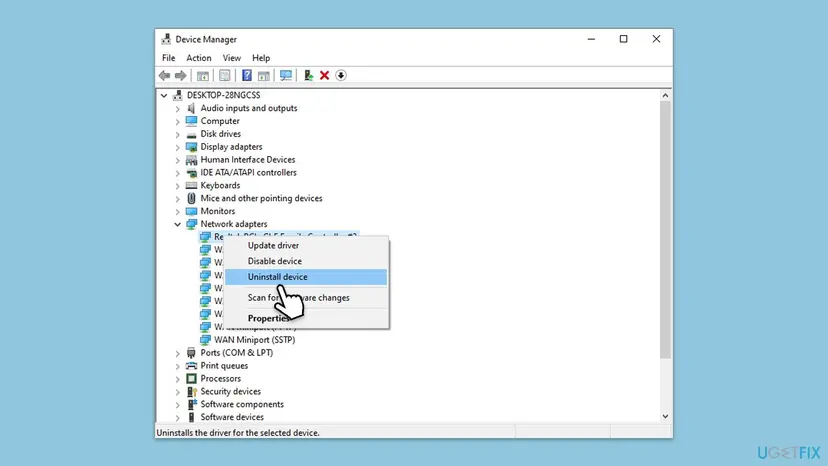 Device Manager with Network adapters expanded and the right-click menu open on a device with Uninstall device highlighted