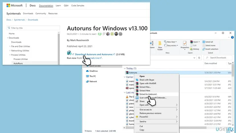 Microsoft Sysinternals Autoruns download page next to File Explorer with the Autoruns ZIP and Extract to Autoruns selected