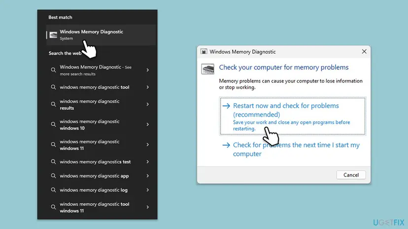 Windows 11 search showing Windows Memory Diagnostic and its dialog with Restart now and check for problems (recommended)