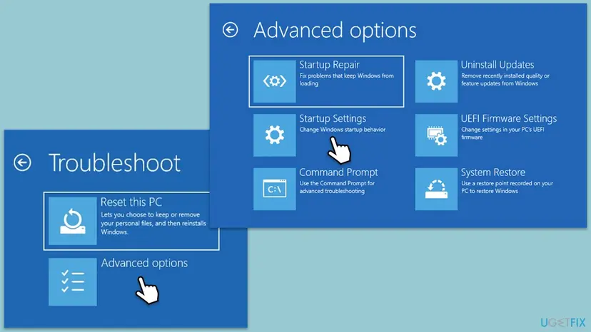 Windows recovery screens Troubleshoot and Advanced options with Startup Repair, Uninstall Updates, Command Prompt and System Restore tiles