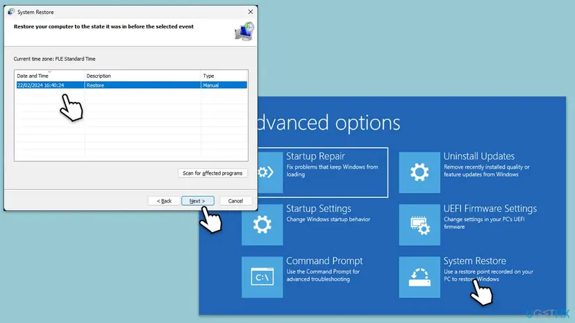 System Restore tile on the Advanced options screen and the System Restore window listing a restore point with the Next button