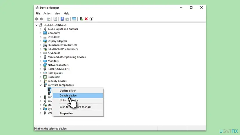 Device Manager with Software components expanded and the right-click menu of a component showing Disable device selected