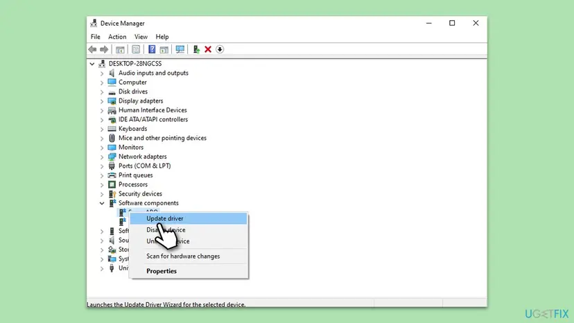 Device Manager with Software components expanded and the right-click menu showing Update driver, Disable device and Uninstall device