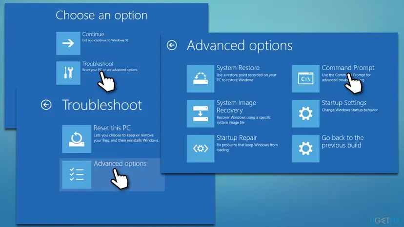Windows Recovery screens Choose an option, Troubleshoot and Advanced options with Command Prompt selected