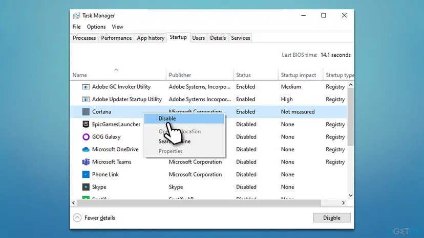 Task Manager Startup tab with Cortana selected and Disable chosen in the right-click menu