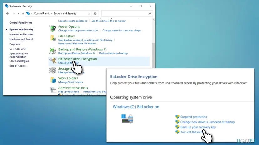 Control Panel System and Security with BitLocker Drive Encryption open and Back up your recovery key selected