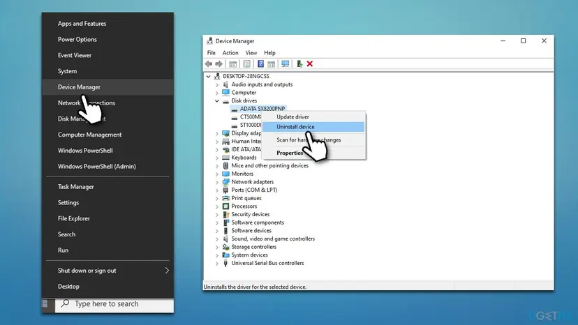 Device Manager with Disk drives expanded and Uninstall device selected in the right-click menu of a drive
