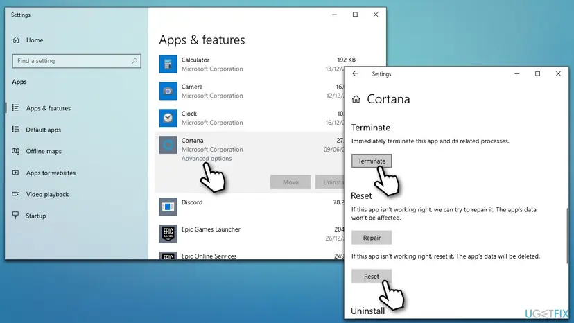 Windows 10 Apps & features with Cortana Advanced options open, showing the Terminate, Repair and Reset buttons