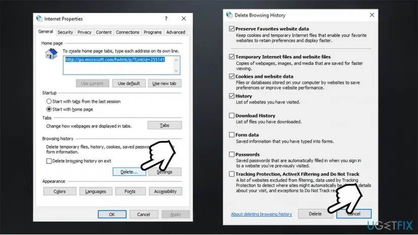 Internet Properties General tab with the Delete button under Browsing history, and the Delete Browsing History window with temporary files and cookies ticked