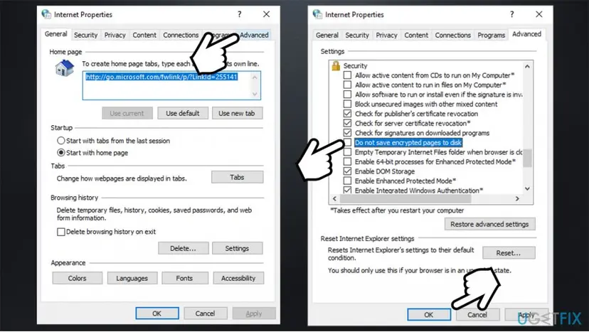 Internet Properties on the General tab and on the Advanced tab, with Do not save encrypted pages to disk highlighted and the Restore advanced settings button