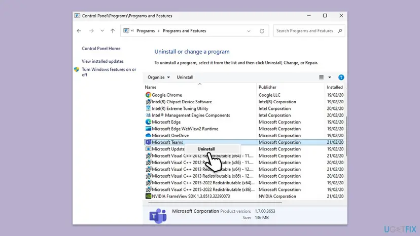 Control Panel Programs and Features with Microsoft Teams version 1.7.00.3653 selected and its Uninstall menu open