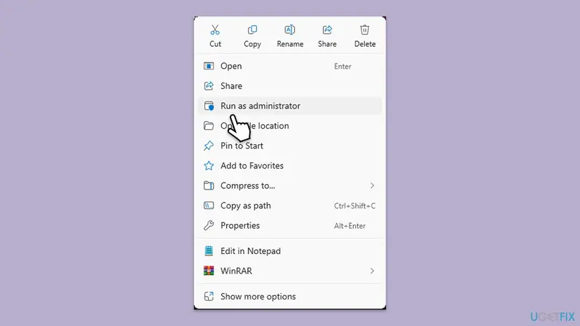 Windows 11 File Explorer context menu of a setup file with Open, Share, Run as administrator, Open file location and Properties