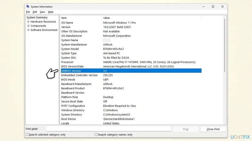 Windows 11 System Information summary showing System Model, BIOS Version and Date, and BaseBoard Product rows for checking the BIOS version