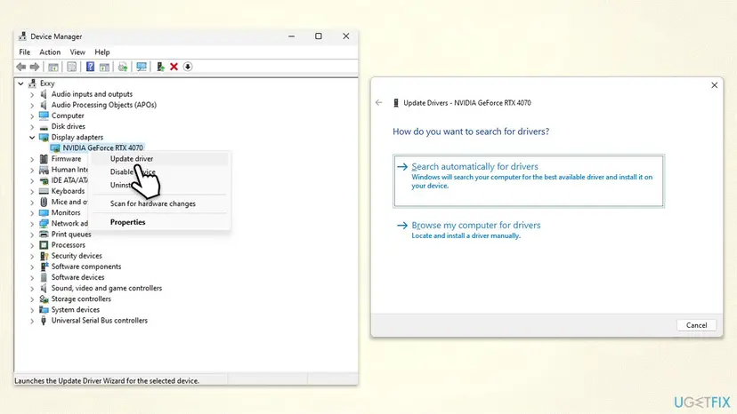 Device Manager on Windows 11 with Display adapters expanded, Update driver chosen for an NVIDIA GeForce RTX 4070 and the Search automatically for drivers option