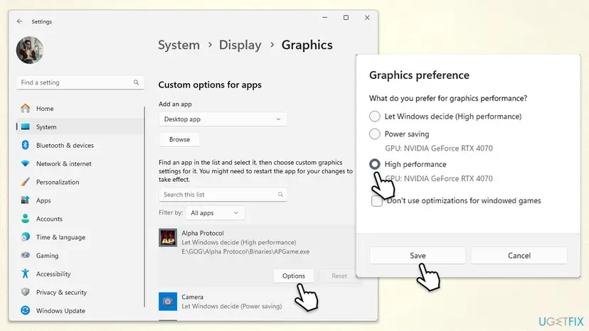 Windows 11 Settings at System, Display, Graphics with a game selected and the Graphics preference box set to High performance before Save