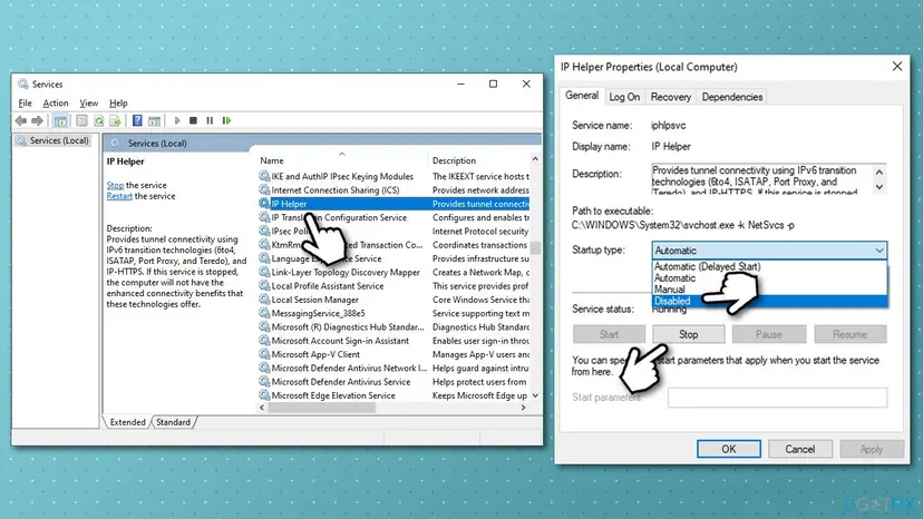 Services window on Windows 10 with IP Helper selected and IP Helper Properties open, service name iphlpsvc, path svchost.exe -k NetSvcs -p and Startup type set to Disabled