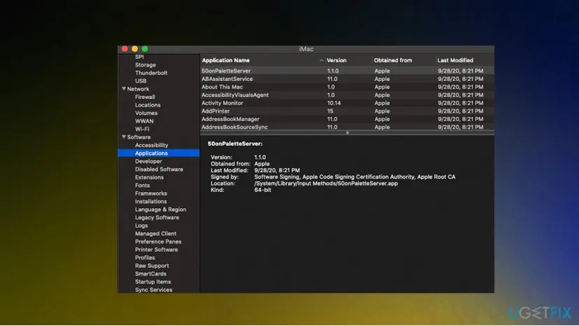 macOS System Report with Software and Applications selected, an app highlighted and its Version, Obtained from, Location and Kind lines shown below