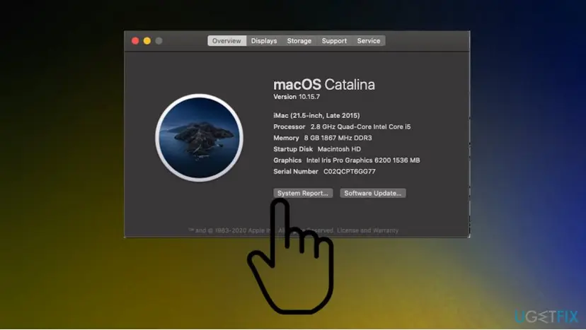 About This Mac window on macOS Catalina with the version, processor and memory listed and the System Report button pointed at