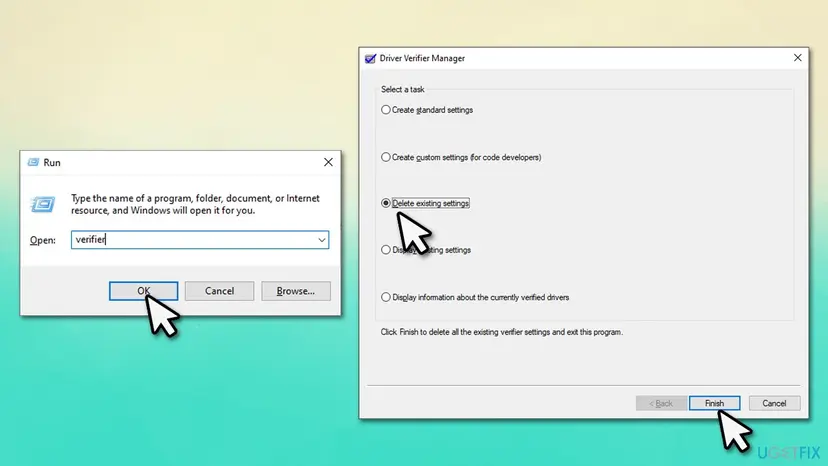 Run box with verifier typed and the Driver Verifier Manager window with Delete existing settings selected and the Finish button
