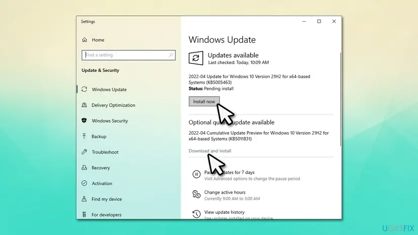 Windows Update settings page with the Check for updates button and the list of available updates being downloaded