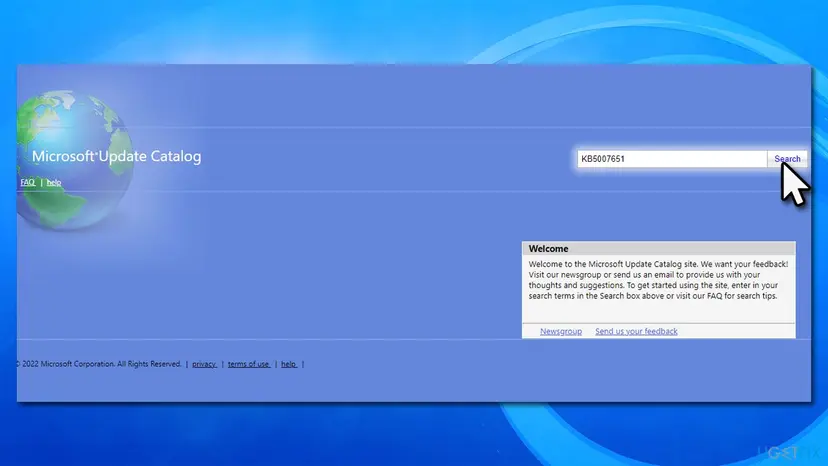 Microsoft Update Catalog home page with KB5007651 typed in the search box and the pointer on the Search button