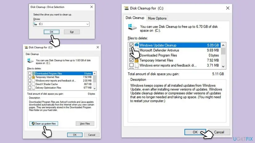 Windows 10 Disk Cleanup for drive C with the Clean up system files button and Windows Update Cleanup of 5.09 GB ticked in the list of files to delete