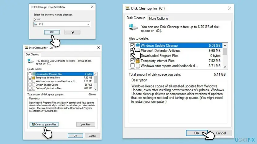Windows 10 Disk Cleanup for drive C with the Clean up system files button and the Windows Update Cleanup item selected in the list of files to delete