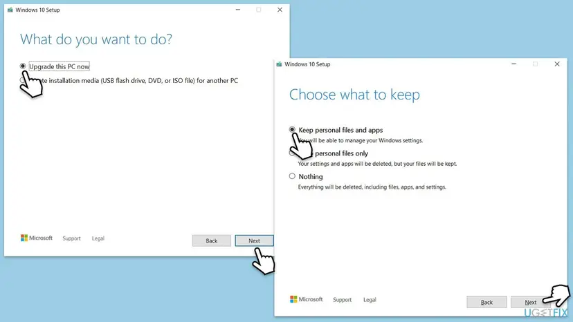Windows 10 Setup windows with Upgrade this PC now selected and Keep personal files and apps chosen on the Choose what to keep screen
