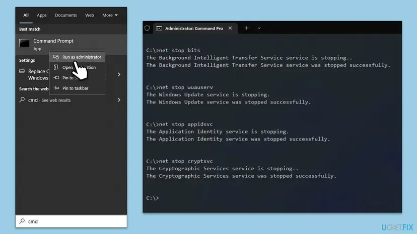 Windows 10 search with Command Prompt and Run as administrator, next to the commands net stop bits, wuauserv, appidsvc and cryptsvc stopping the update services