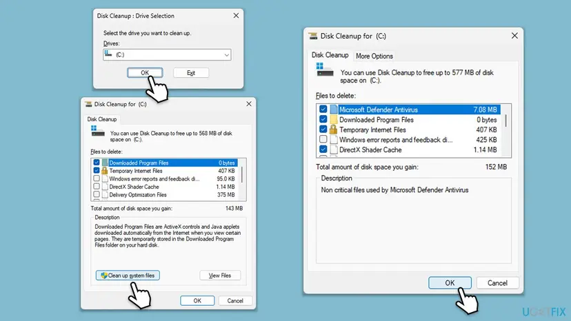 Disk Cleanup in Windows 11 with drive C: selected, the Clean up system files button and the list of files to delete with their sizes