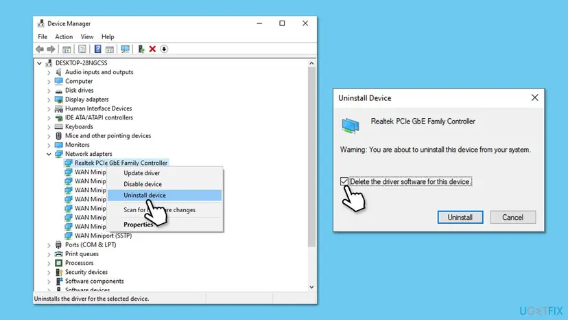 Device Manager with Network adapters open, Uninstall device selected for a Realtek PCIe GbE Family Controller, and the Delete the driver software for this device box ticked
