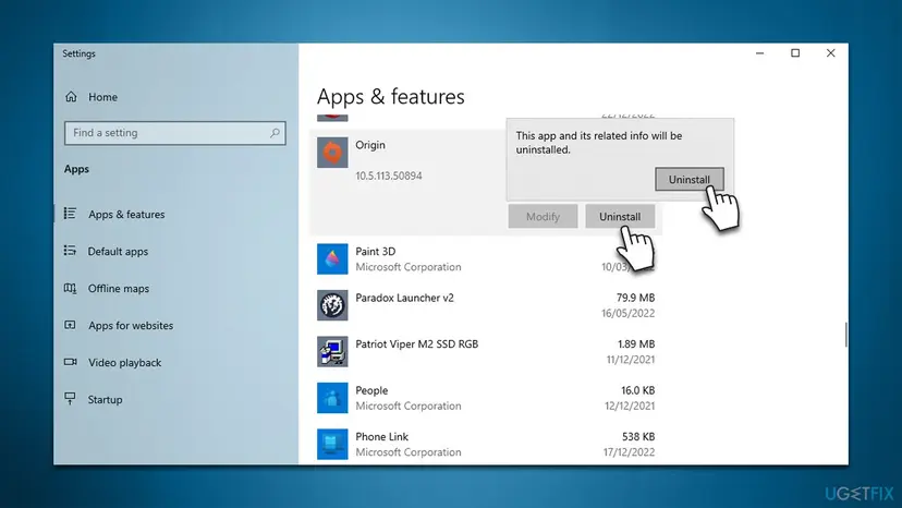 Windows 10 Settings, Apps and features list with Origin selected and the Uninstall confirmation that the app and its related info will be uninstalled