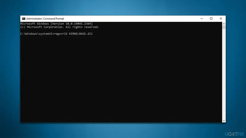 Administrator Command Prompt on Windows 10 build 19045 with the command regsvr32 KERNELBASE.dll typed at the system32 prompt
