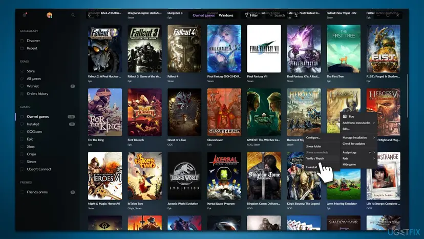 GOG Galaxy owned games grid with a game's context menu open at Manage installation and the Verify / Repair item