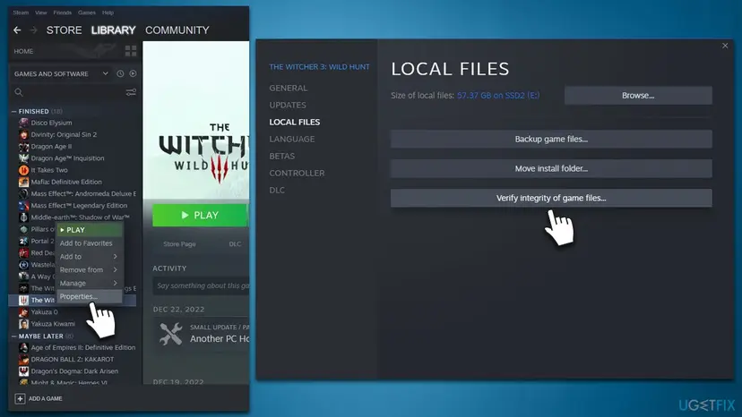 Steam library with Properties chosen for a game and the Local Files tab with the Verify integrity of game files button